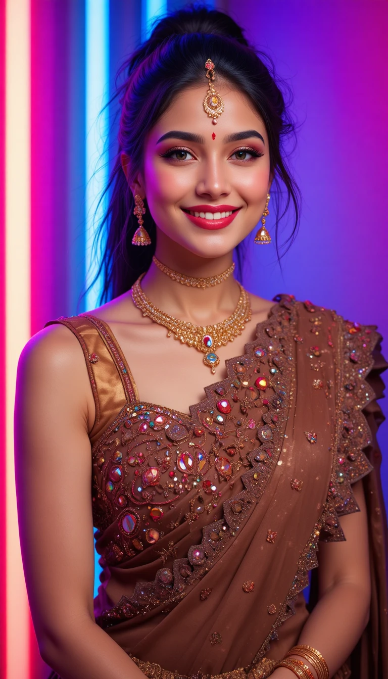 Smiling Indian girl in rhinestone saree with neon background