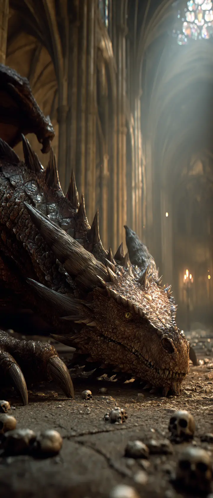 Ancient Dragon Crouching In A Gothic Cathedral Cavern