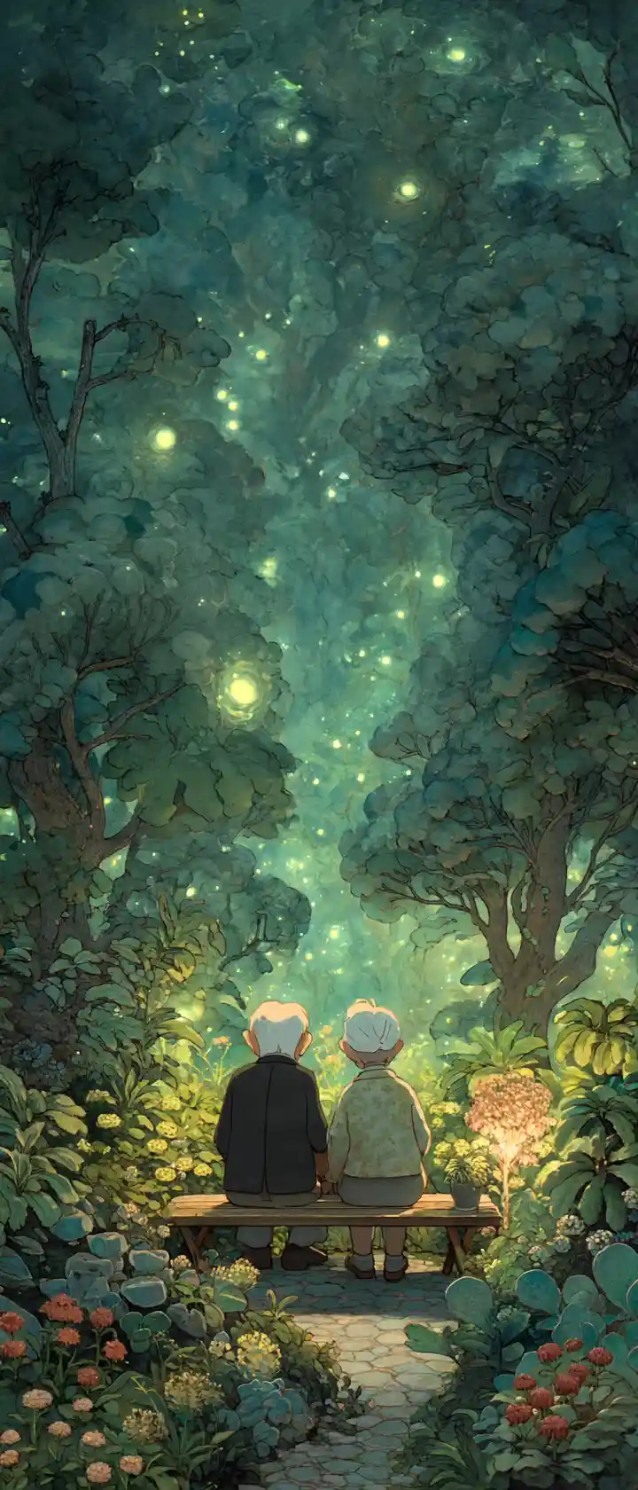 Elderly couple on a bench in an enchanted glowing garden