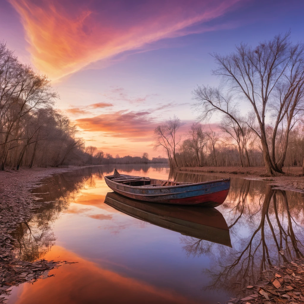 Abandoned boat on the Orinoco River at sunset
