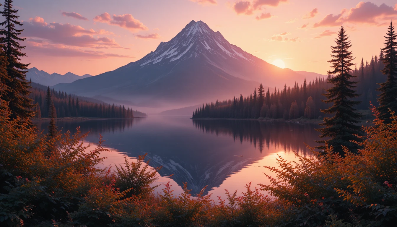 Paisaje de lago de montaña al atardecer con cielo resplandeciente