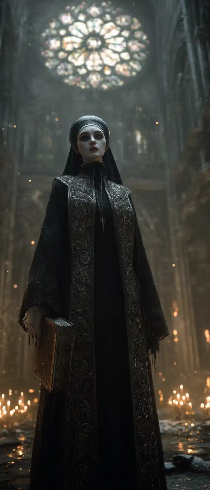 Fallen gothic nun standing amid a burning cathedral