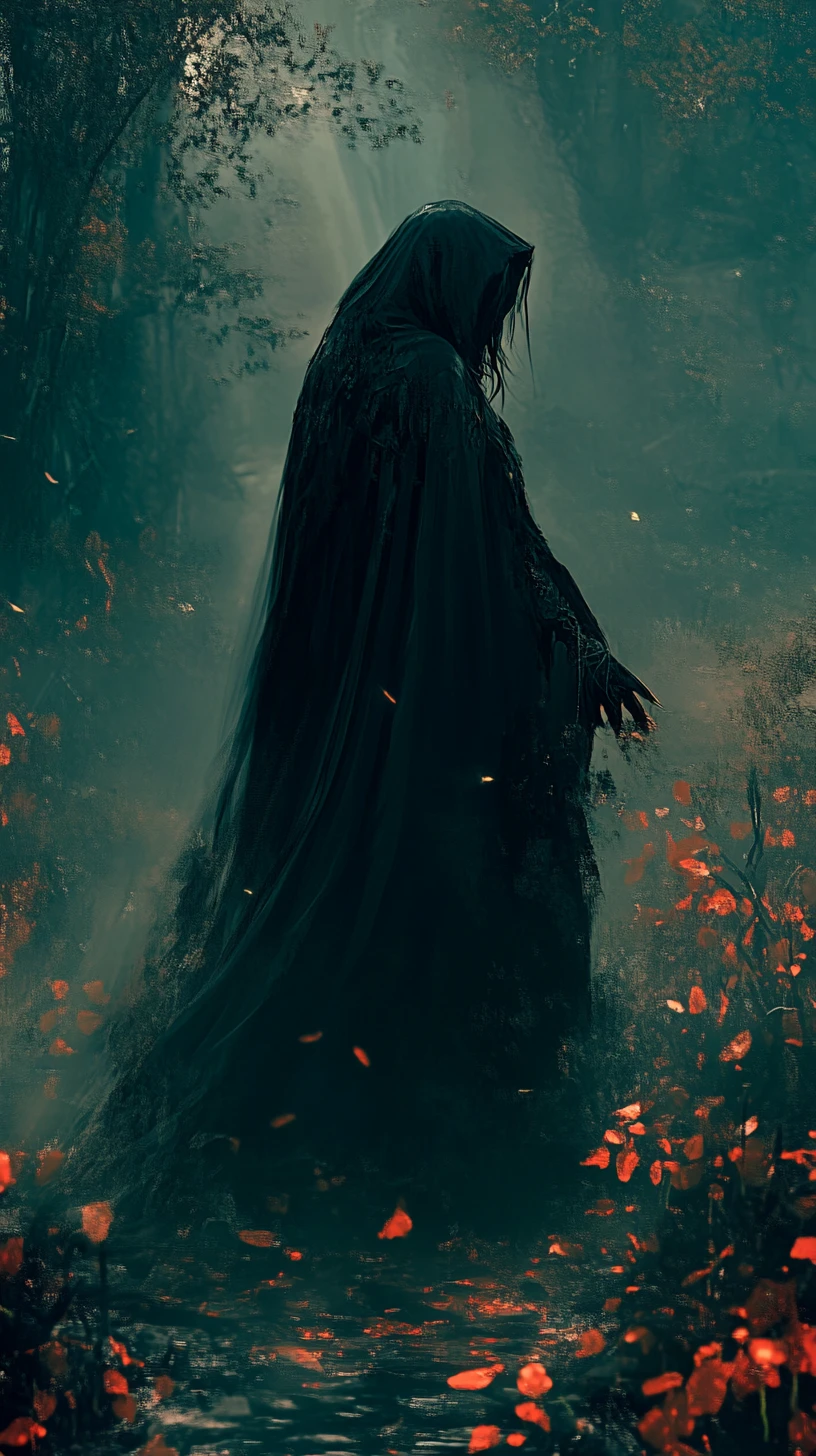 Eerie Italian fantasy heroine as a grim reaper figure
