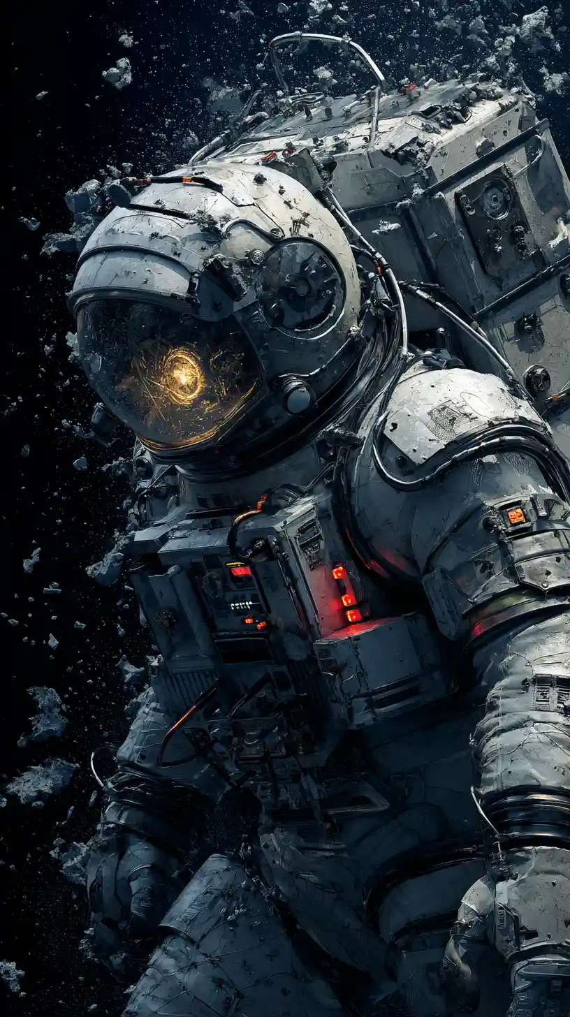 Lone astronaut drifting in dark outer space suit aglow
