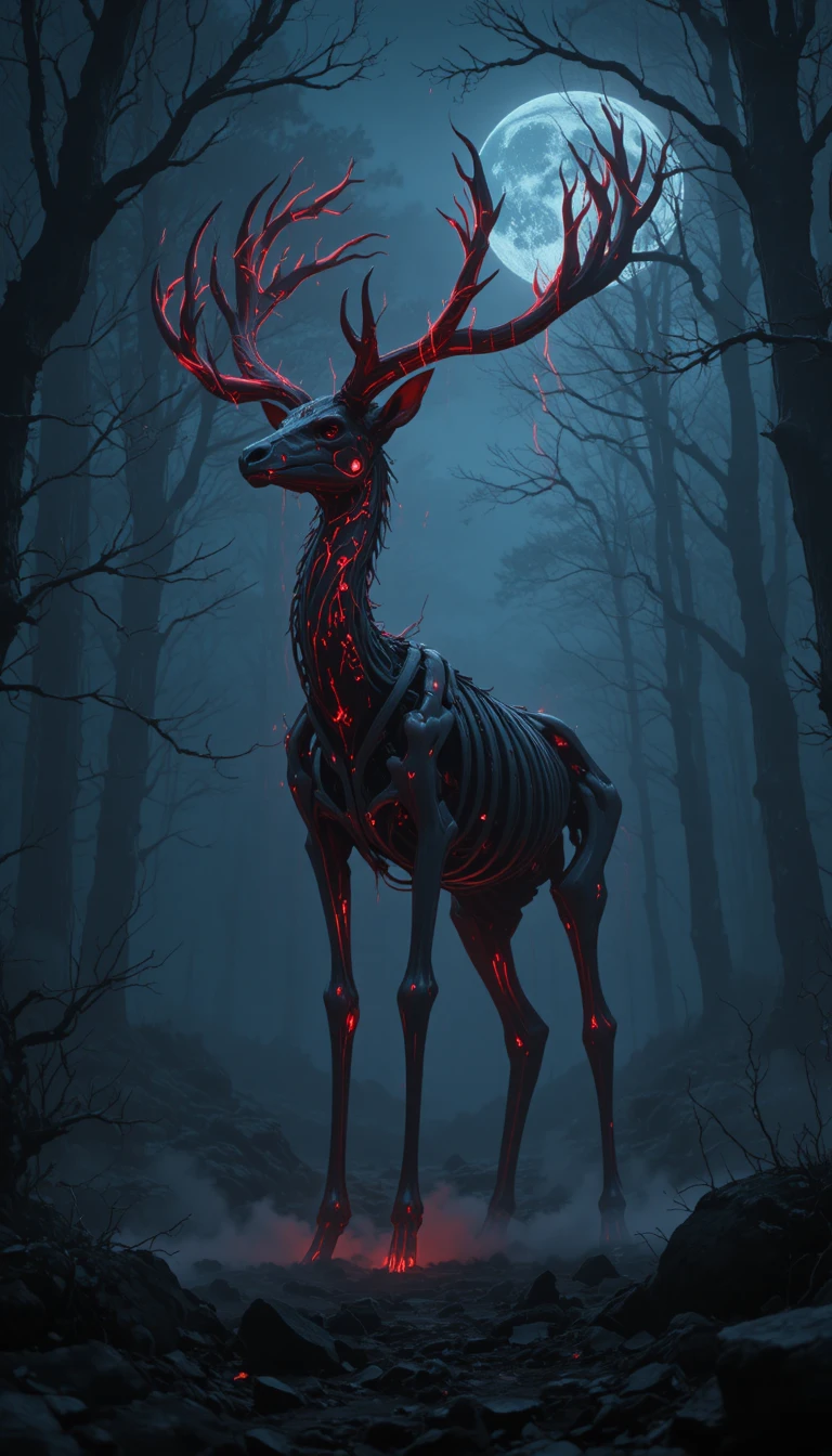 Skeletal stag with glowing crimson antlers in misty night forest