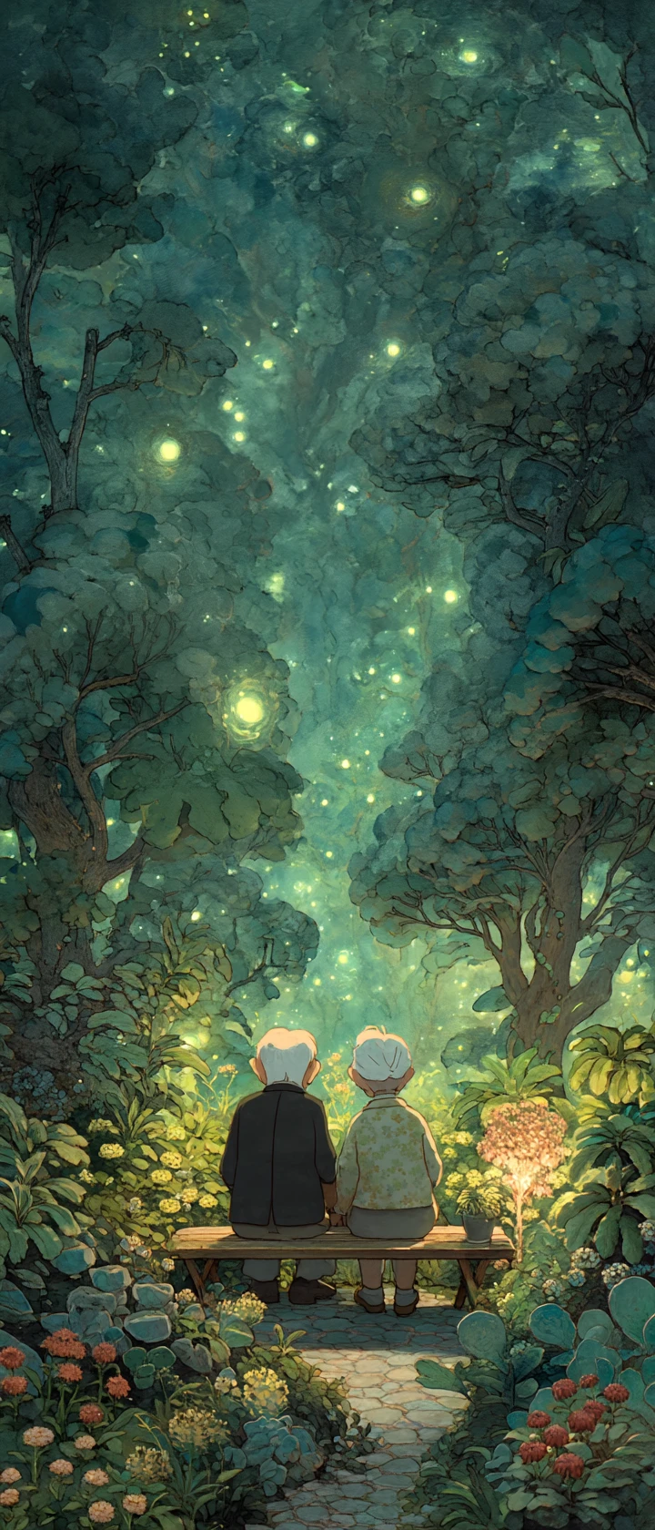 Couple âgé sur un banc dans un jardin enchanté et lumineux