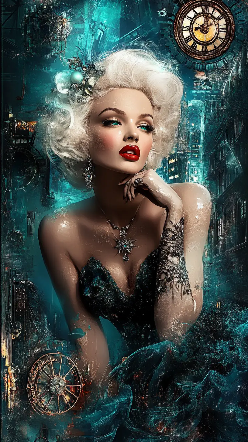 Dark fantasy portrait of a woman in a ruined steampunk city