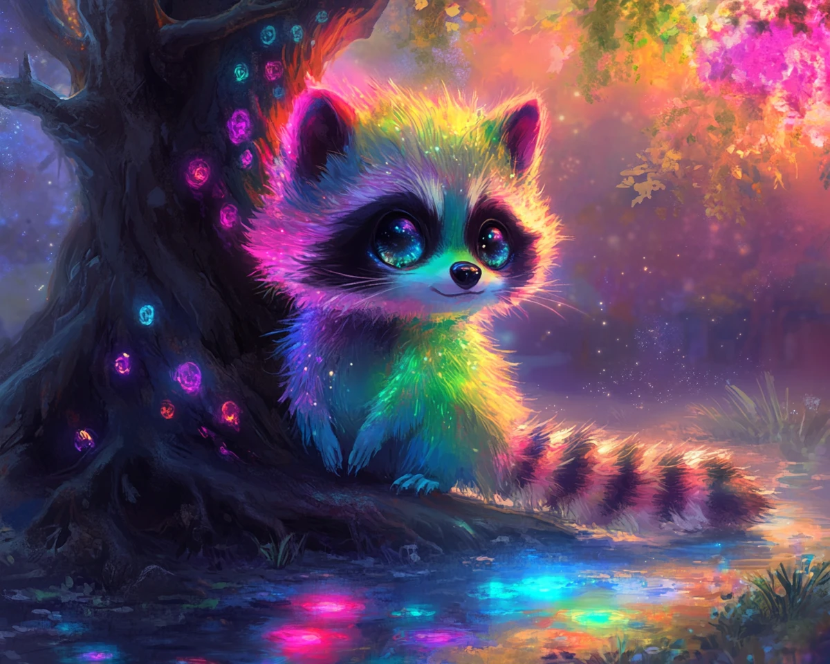 Süßer Neon-Waschbär hüpft um einen magischen Baum