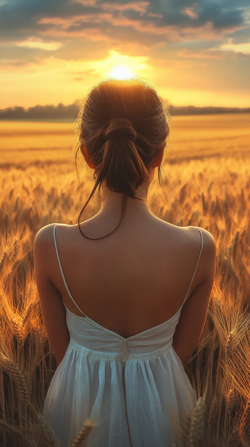 Girl in a wheat field watching the warm sunset sky