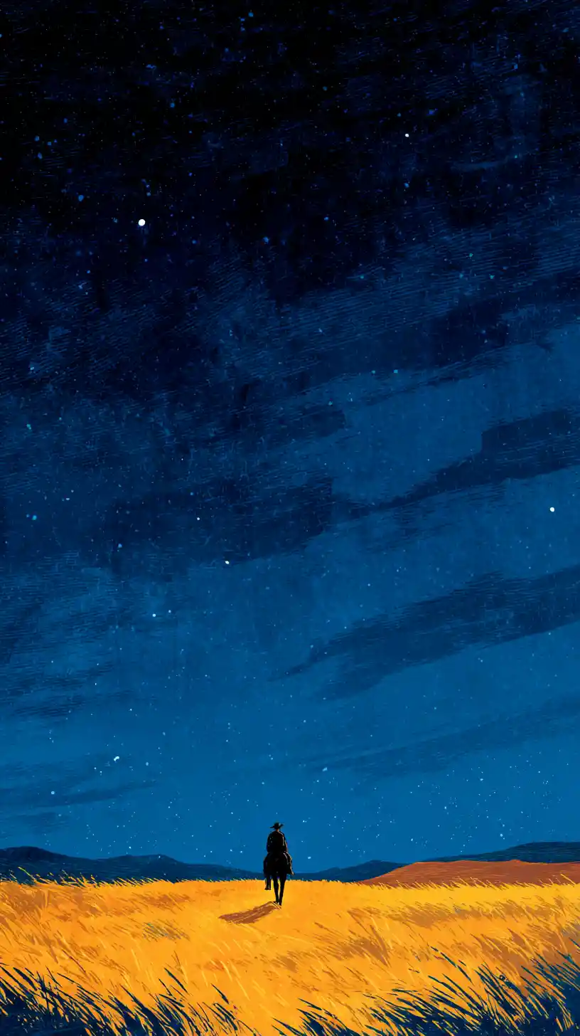 Viaggiatore e cavallo in silhouette sotto un vasto cielo stellato