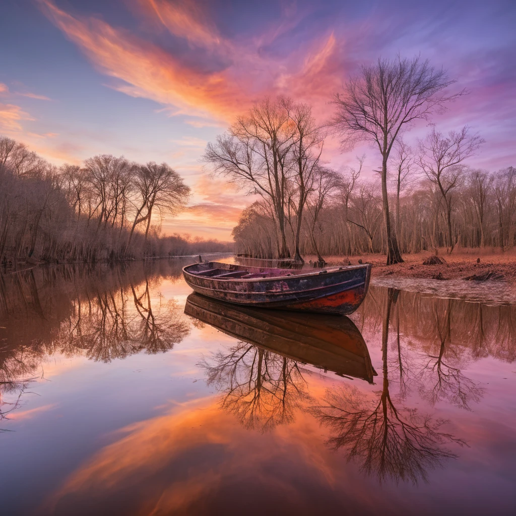 Barco Abandonado en el Río Orinoco al Atardecer Colorido