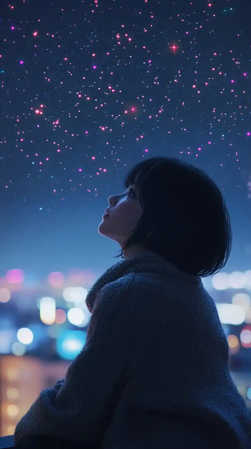 Lonely anime girl on a rooftop under a starry night sky
