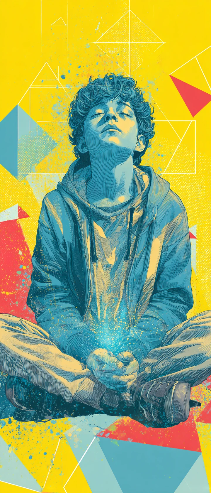 Garoto adolescente em moldura geométrica abstrata com brilho sereno