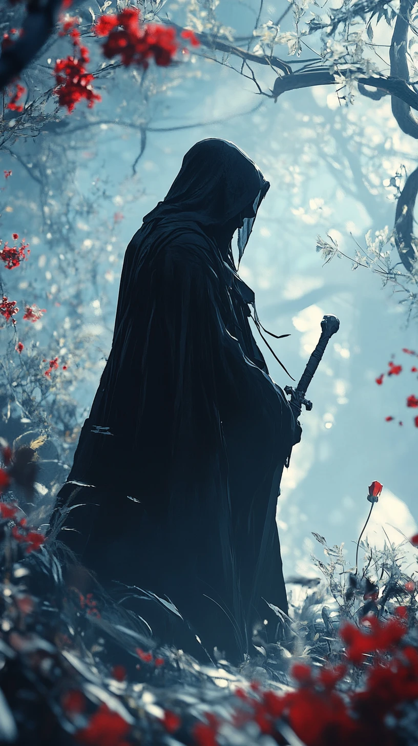 Haunting Italian anime heroine with grim reaper presence