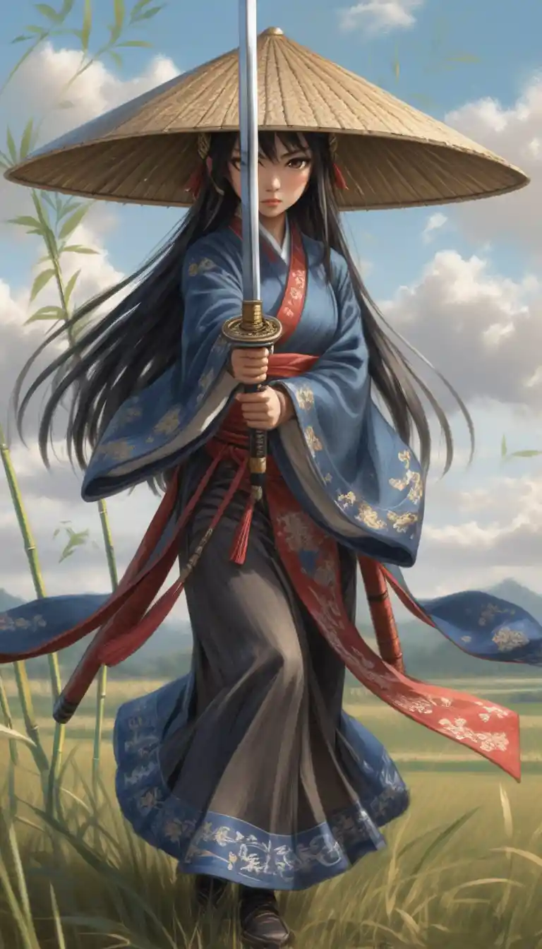 Female samurai drawing her katana in a windy grass field