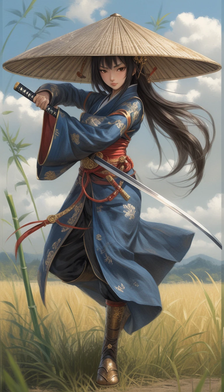 Anime-Samurai-Frau, die ihr Katana in windigen Graslandschaften zieht