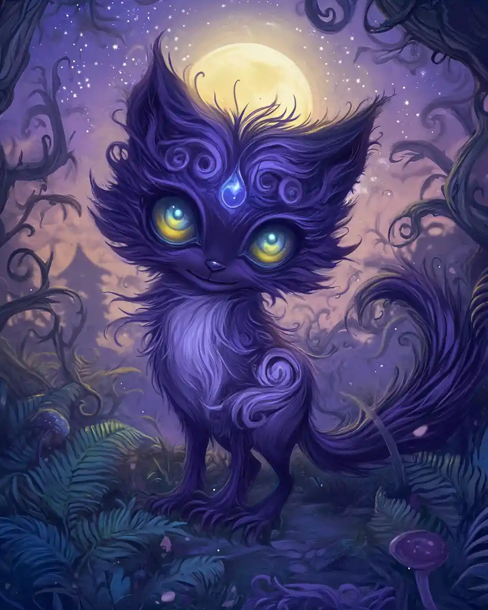 Tanuki chibi en un claro de bosque encantado a la luz de la luna