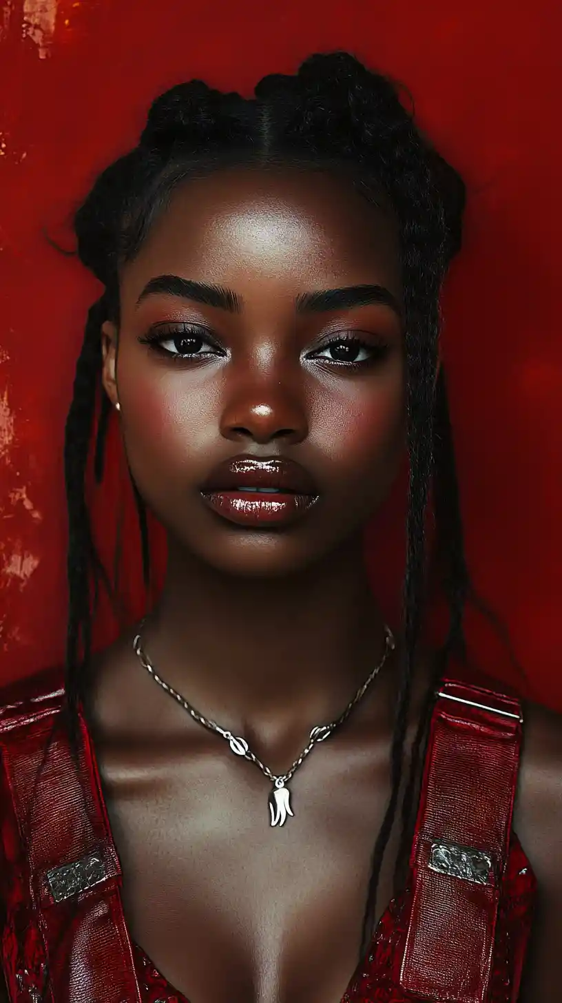 Femme de fantasy à la peau foncée en manteau de cuir rouge