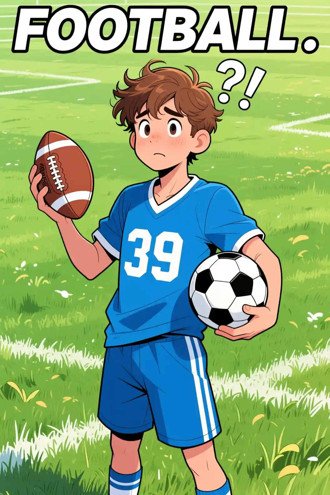 Giovane confuso che tiene un pallone da football americano e uno da calcio all’aperto