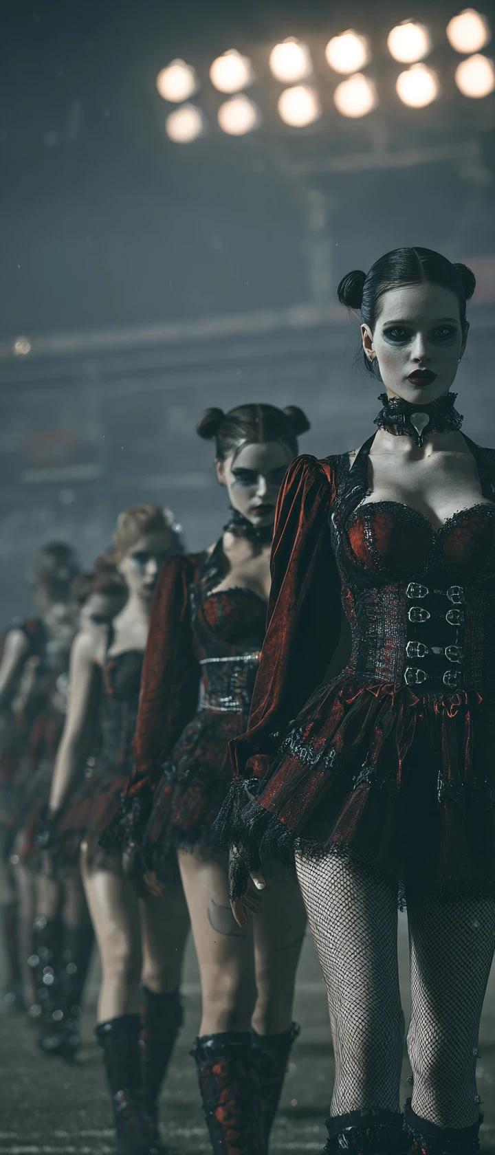 Gothic cheerleader squad on a foggy night football field