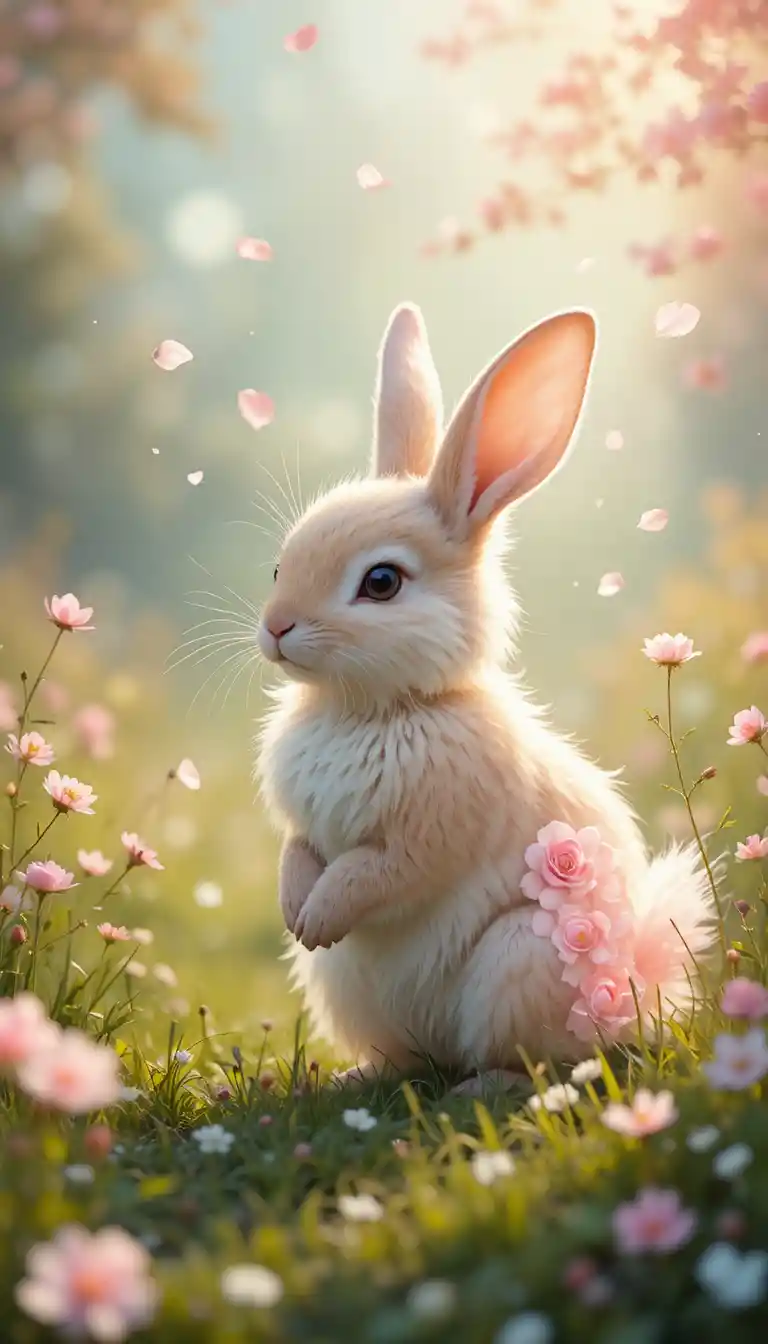 Magical rabbit with cherry blossom tail in spring meadow