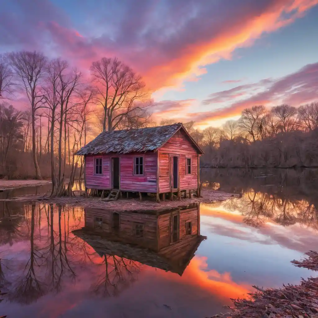 Lagon serein au coucher du soleil avec cabane abandonnée et arbres reflétés