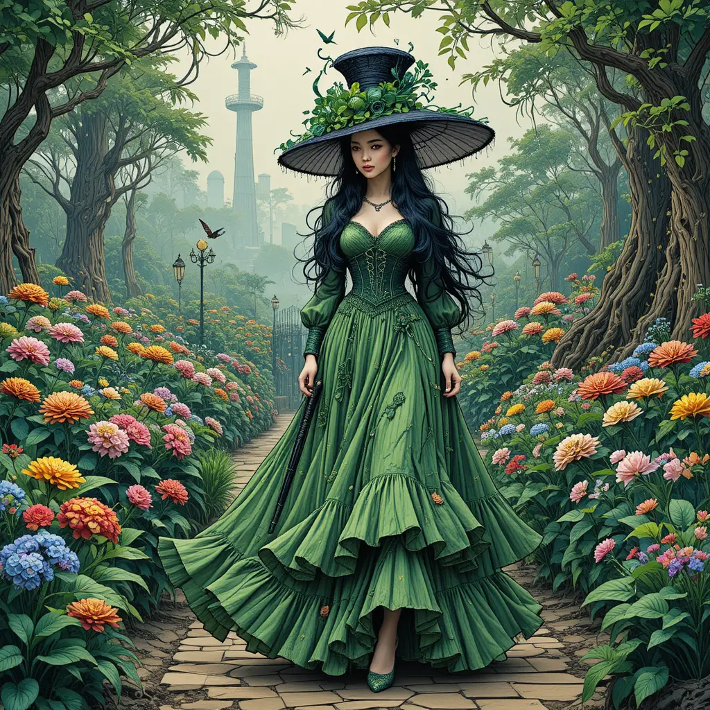 Elegant gothic woman walking with umbrella in lush garden