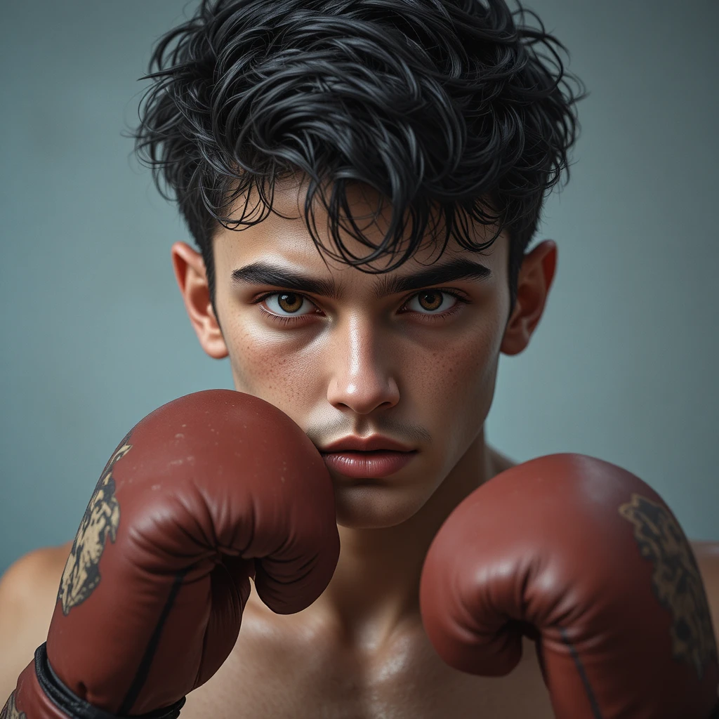 Giovane uomo che fa boxe con postura concentrata e sguardo determinato