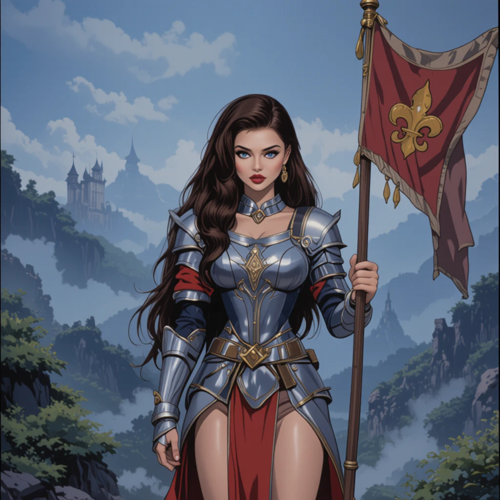 Young armored heroine with sword and fleur de lis banner