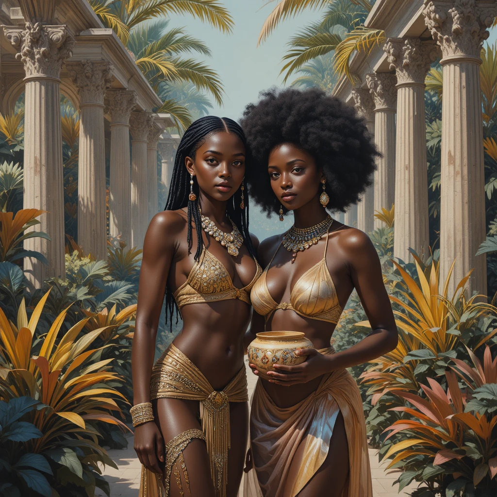 Two powerful African women in ancient tropical ruins