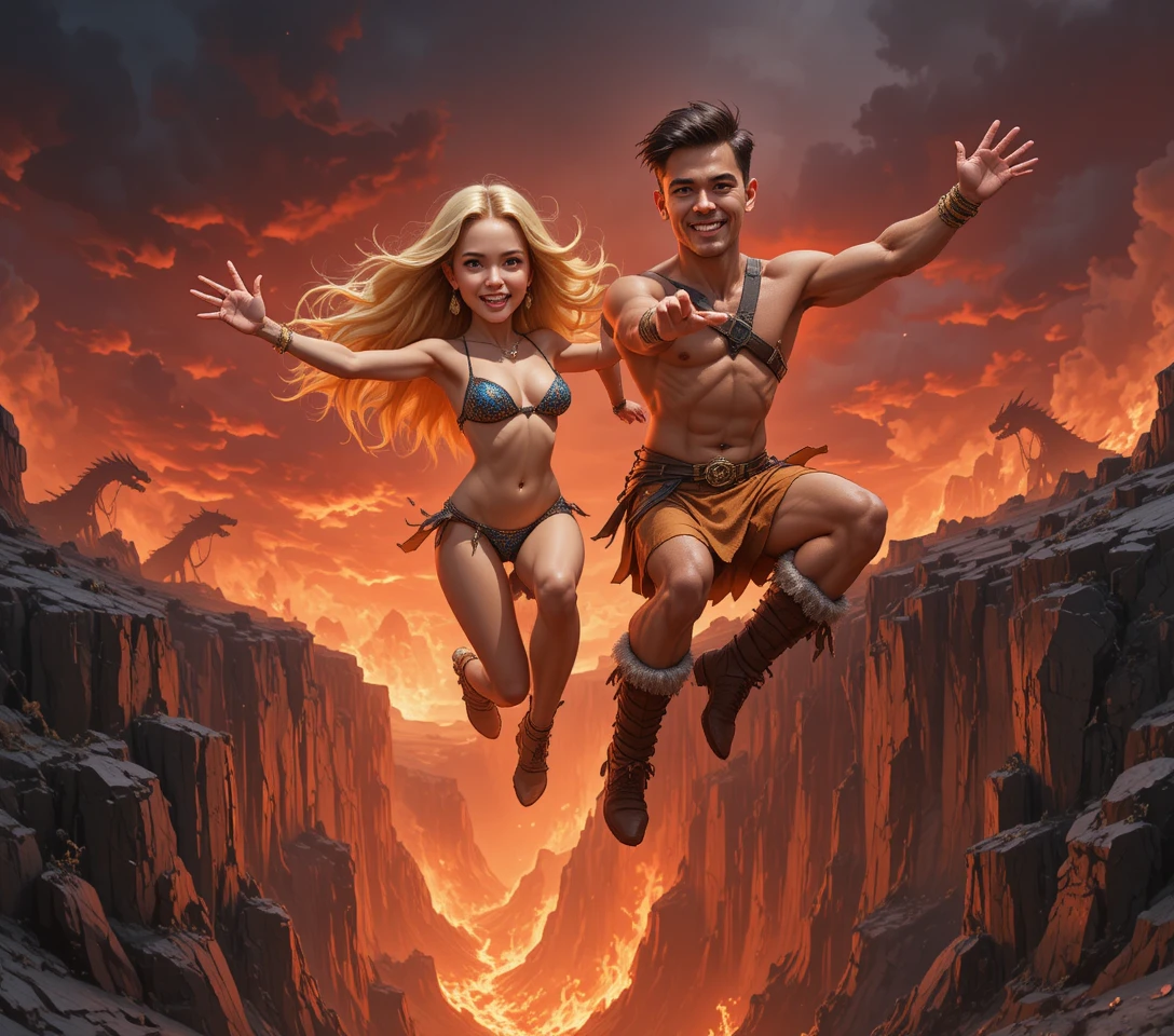 Casal heroico saltando sobre um abismo infernal em chamas