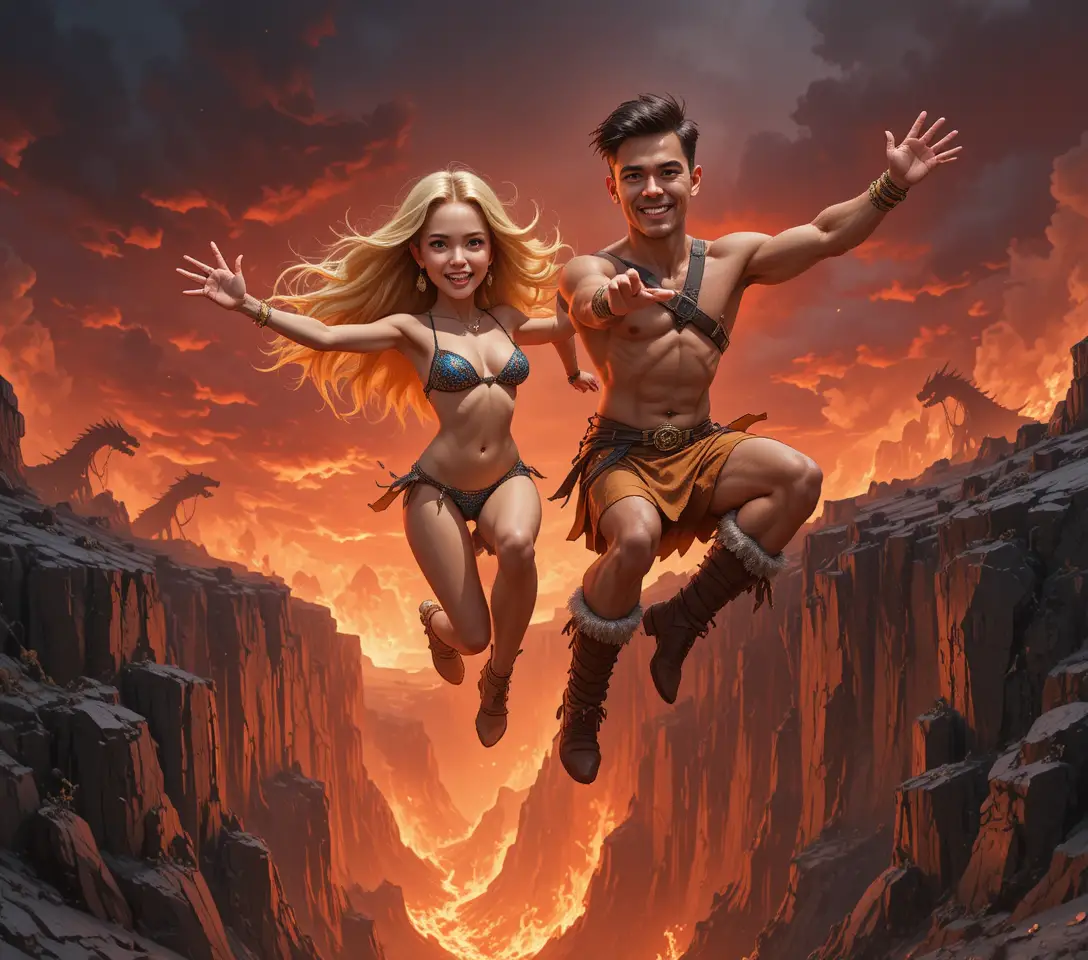 Pareja heroica saltando sobre un ardiente abismo infernal