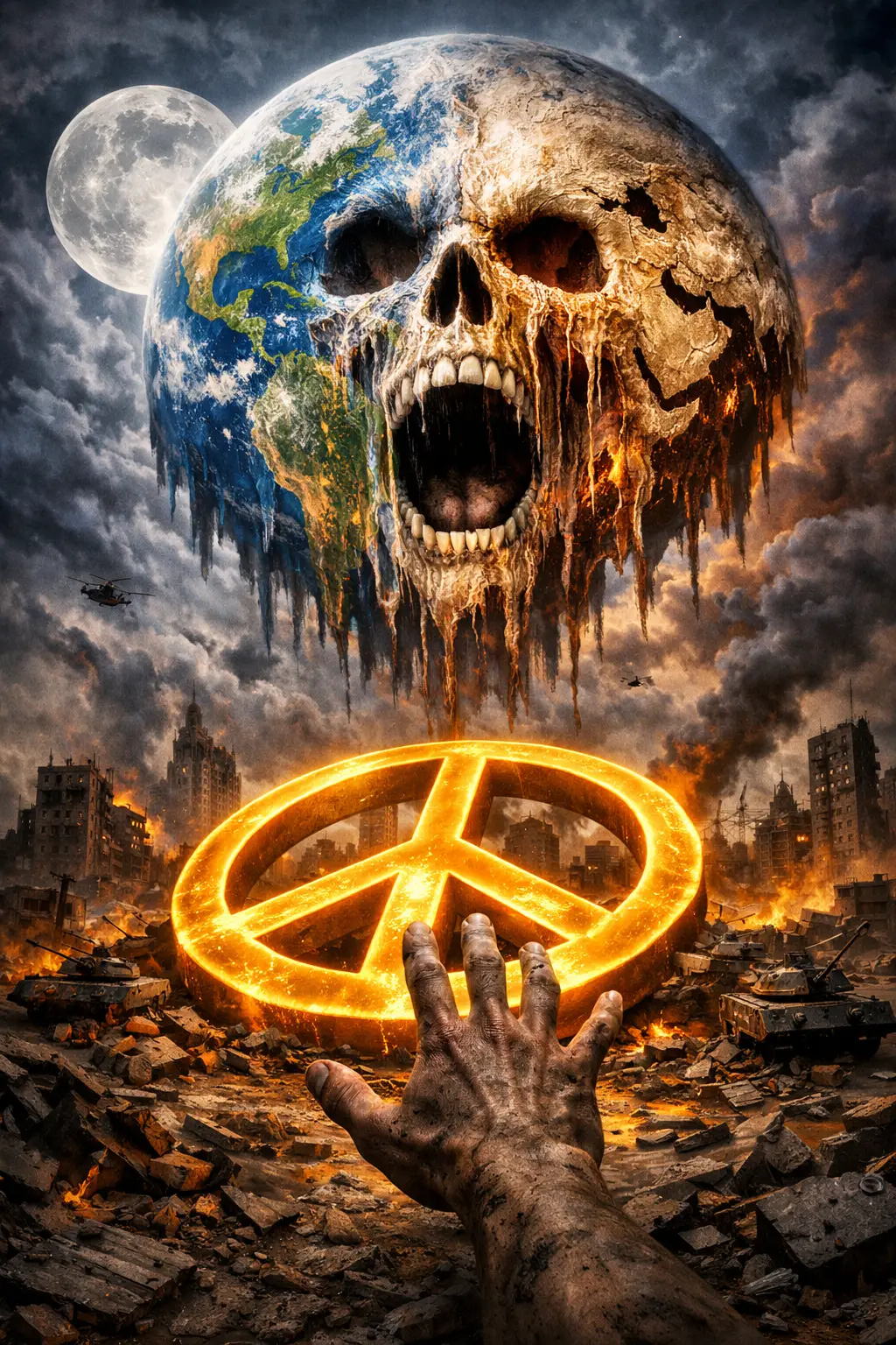Surrealer Totenkopf als Erdkopf mit Mond und umgestürztem Peace-Zeichen