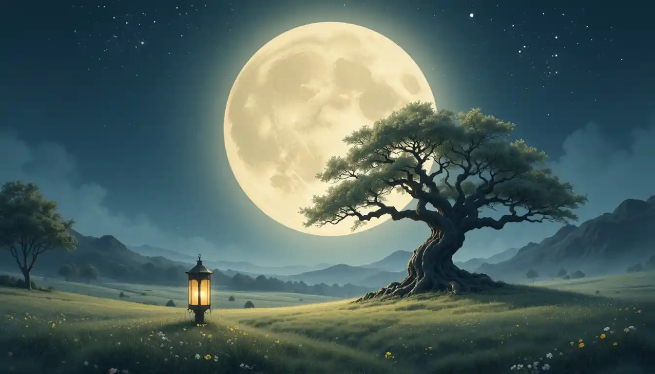 Lanterna che Brilla sotto una Campagna Illuminata dalla Luna