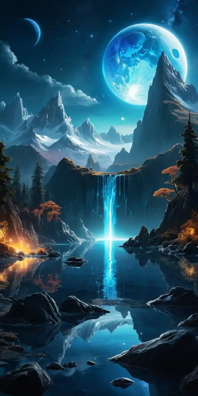 Planète bleue lumineuse au-dessus de montagnes glacées et d’un lac calme