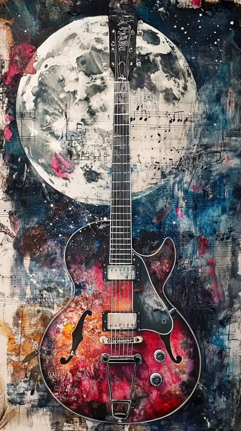 Guitarra surreal sob a lua cheia com colagem musical