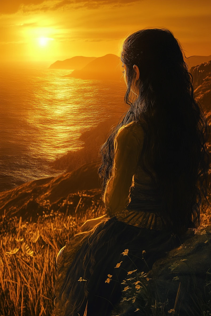 Elf woman in a tower watching the distant sunset sea