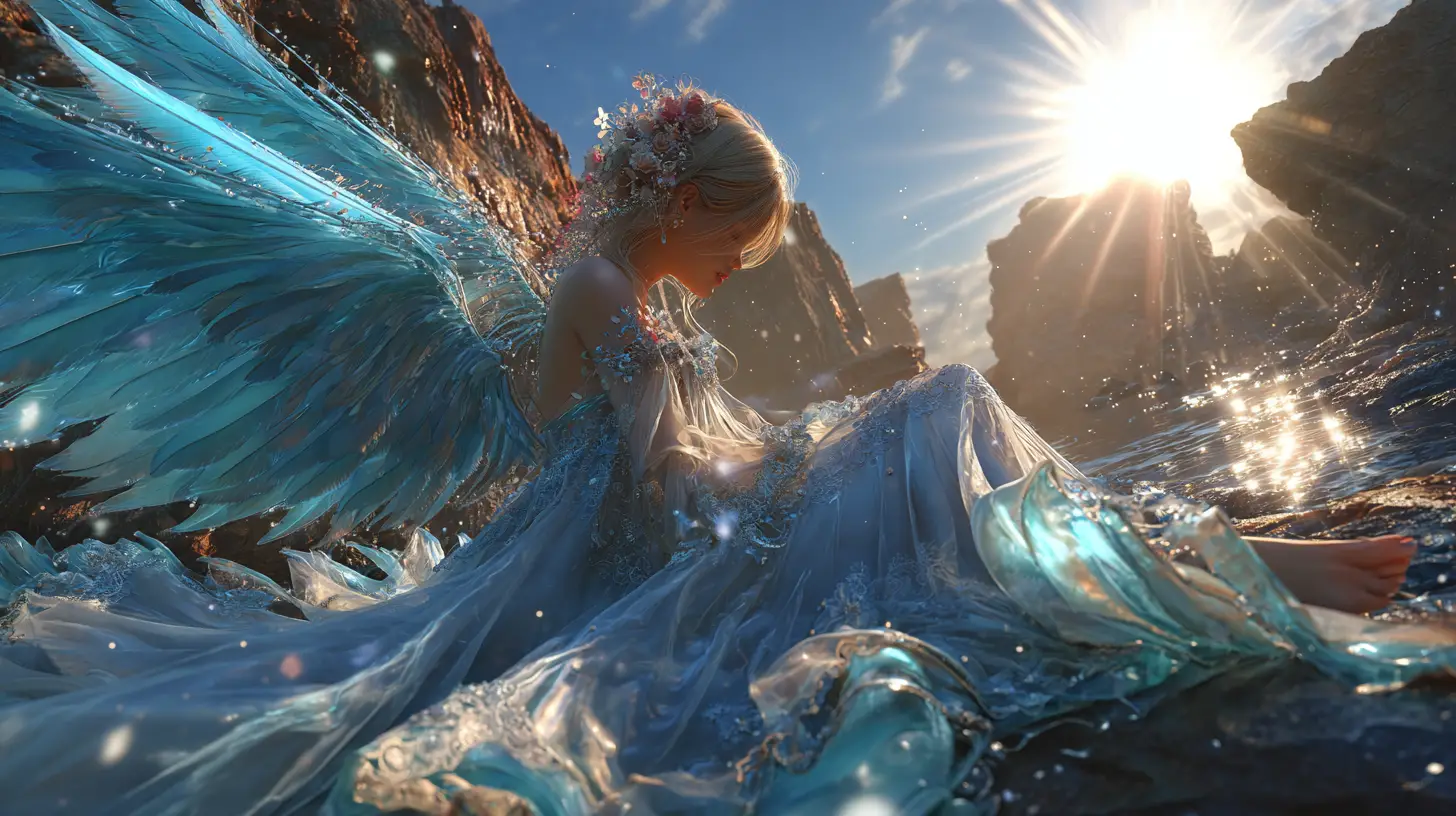 Ethereal angel reclining on a rocky shore at sunset