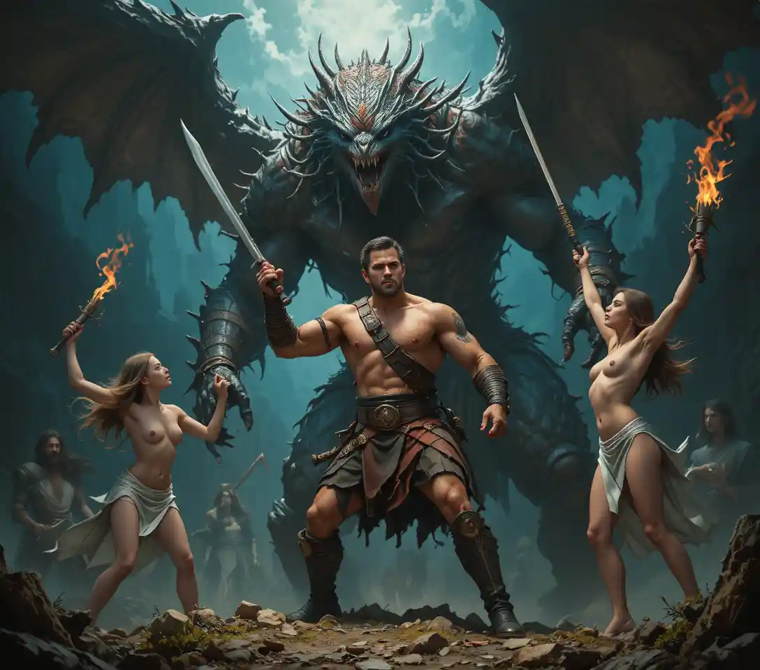 Muscular warrior faces winged monster in epic battle