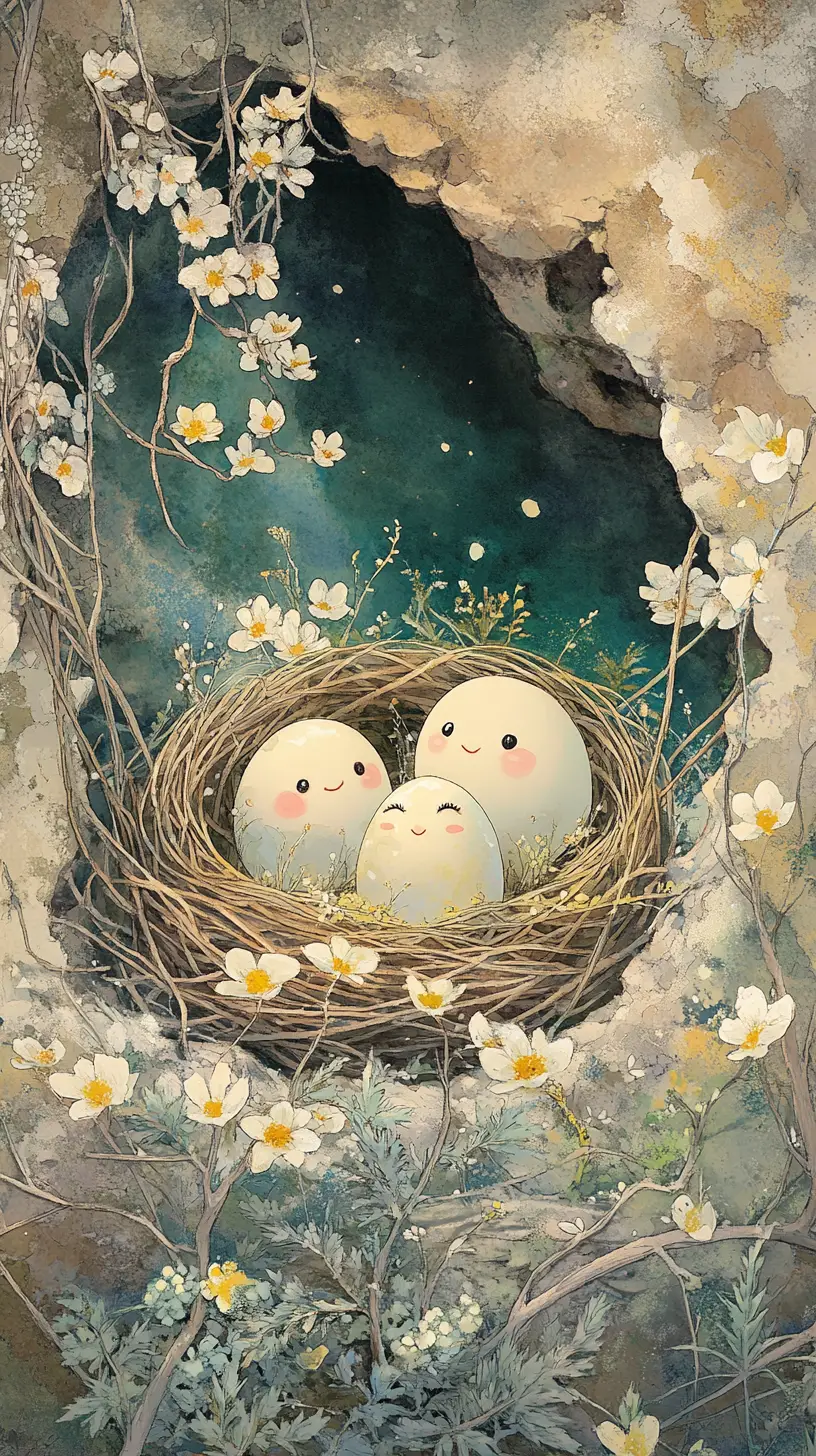 Cheerful Easter eggs resting in a garden nest illustration