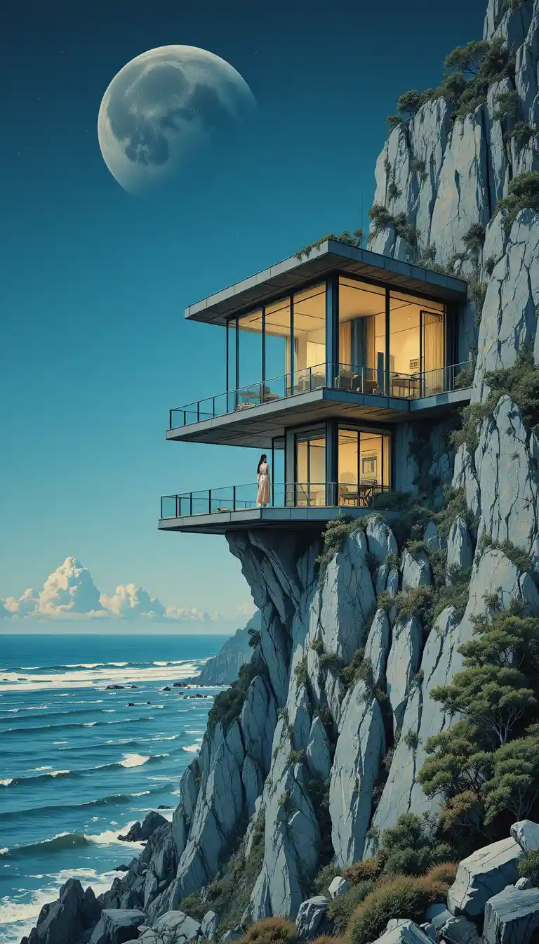 Modern cliffside house with girl at moonlit window