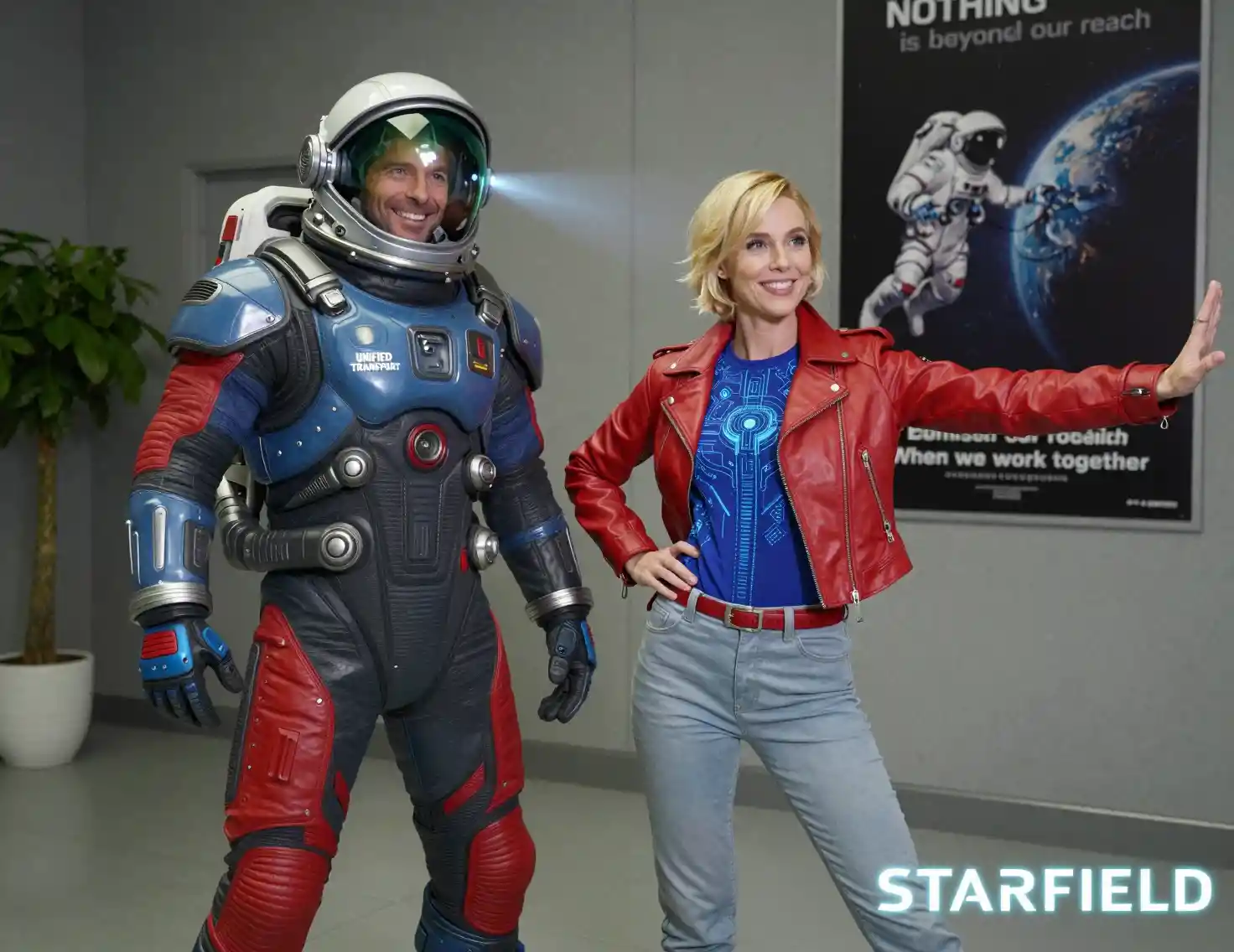 Astronautas sonrientes posando juntos en un pasillo futurista
