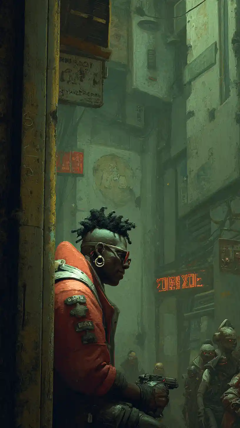 Gangster afrofuturista che sferra un pugno improvviso in un vicolo bagnato