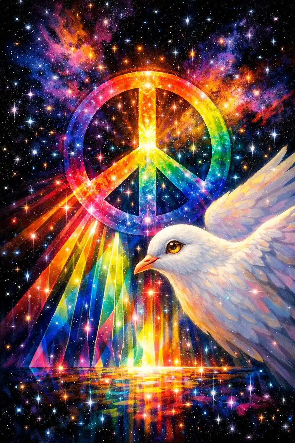 Cosmic peace symbol radiating rainbow light in space