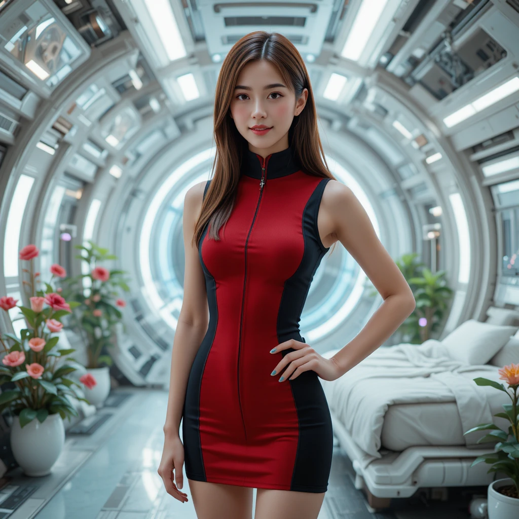 Japanese woman in sci fi space station bedroom scene