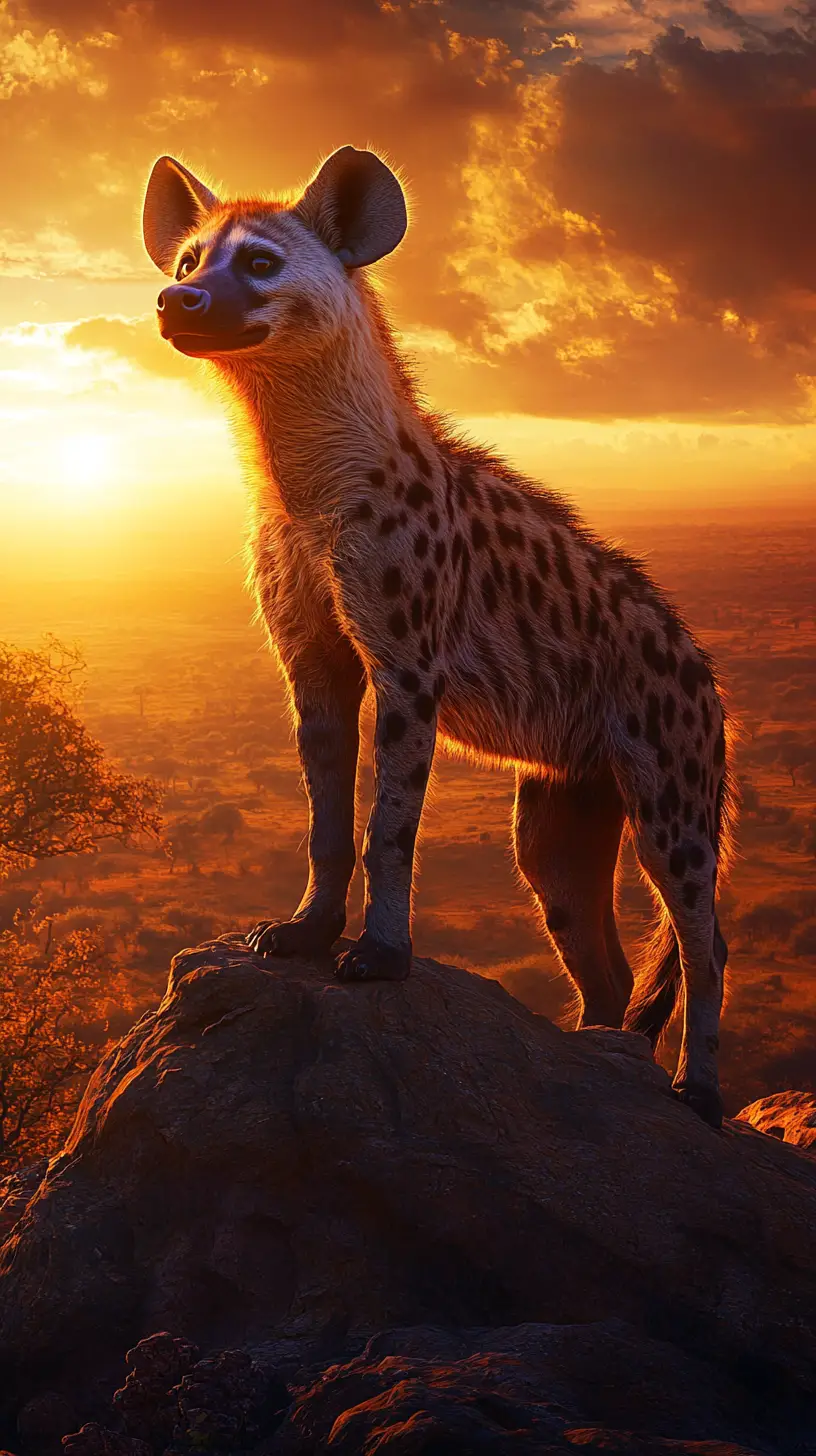 Gefleckte Hyäne auf Felsvorsprung im warmen Sonnenuntergang