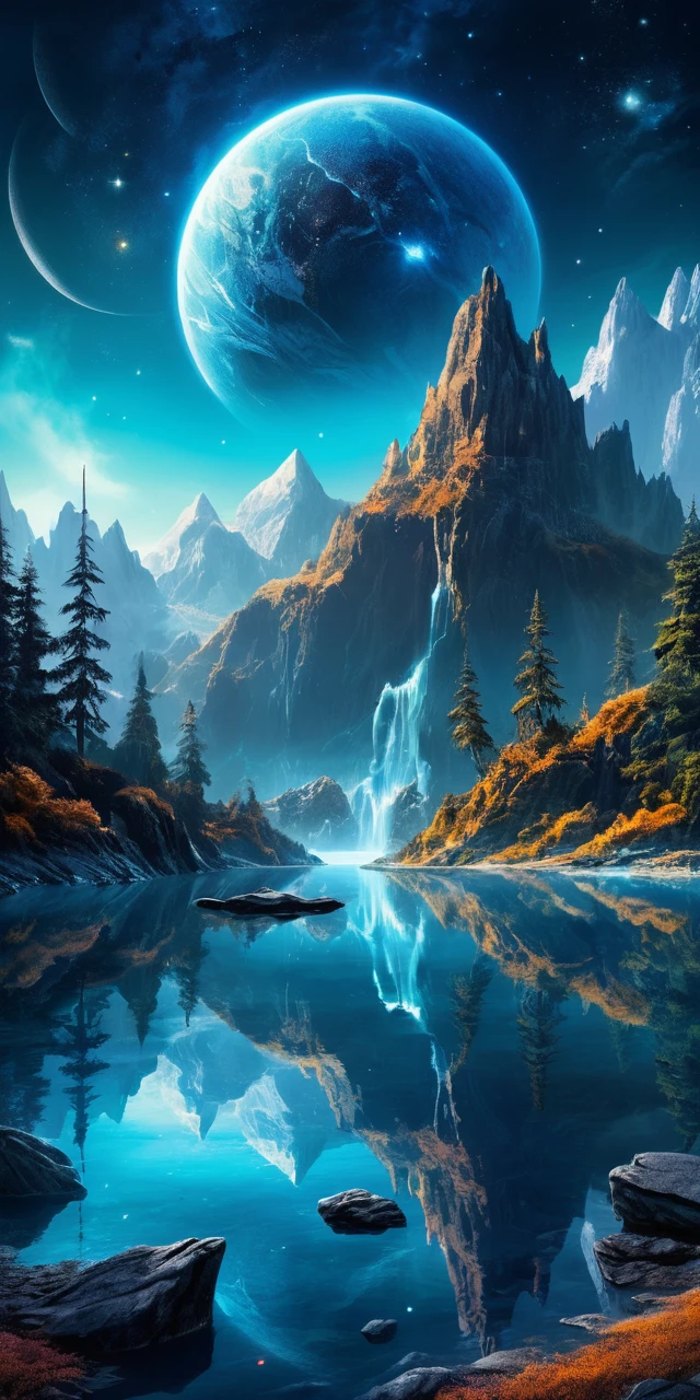 Montañas fantásticas y planeta azul brillante sobre lago en calma