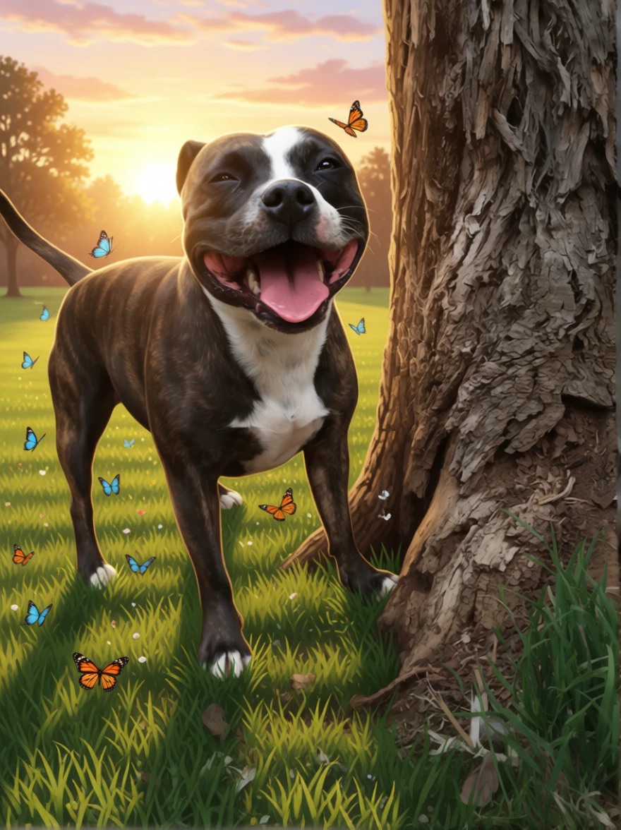 Cane staffy tigrato e bianco all’alba in un parco