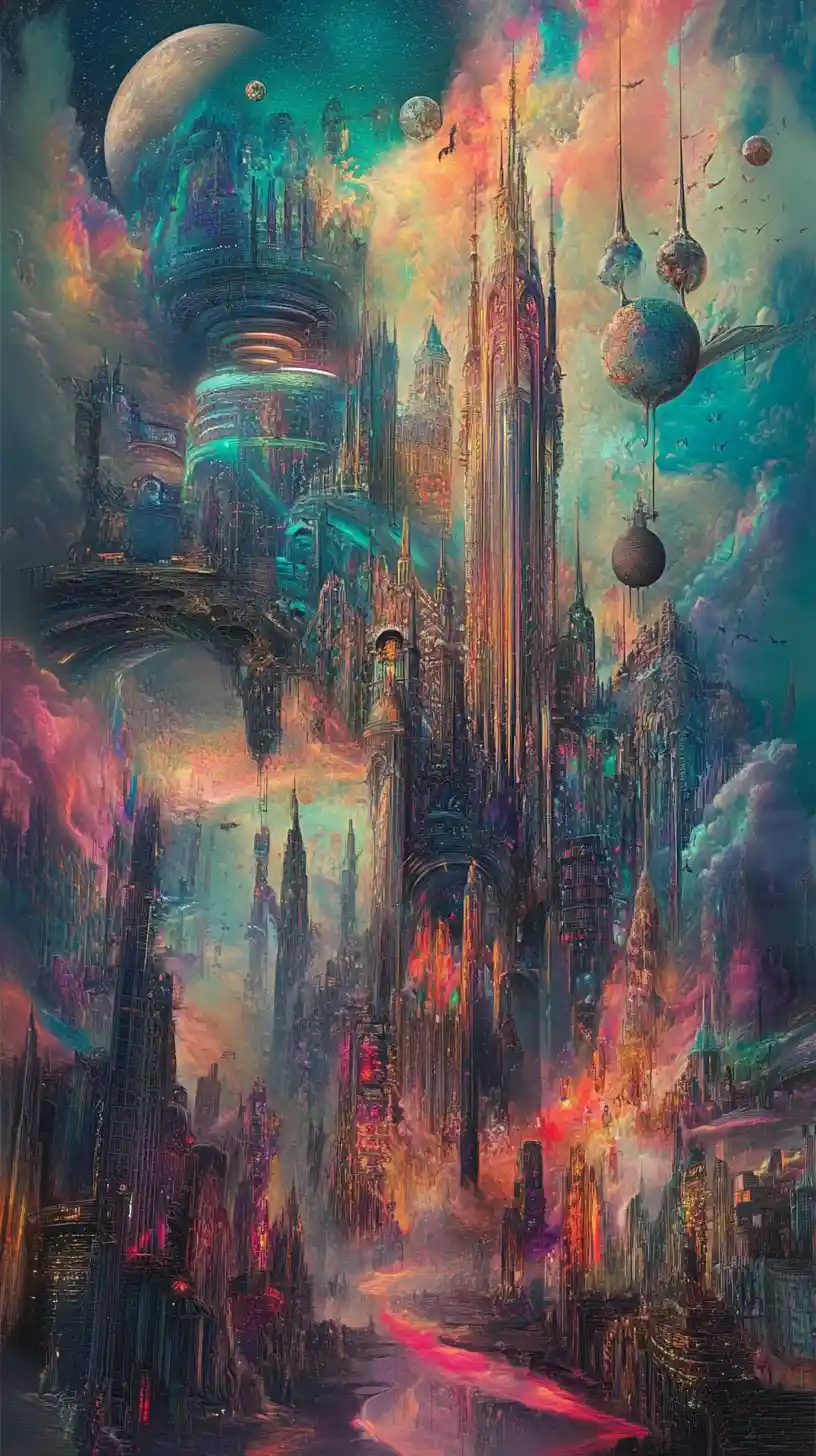 Surreal melting skyscrapers swirling into a dreamlike vortex