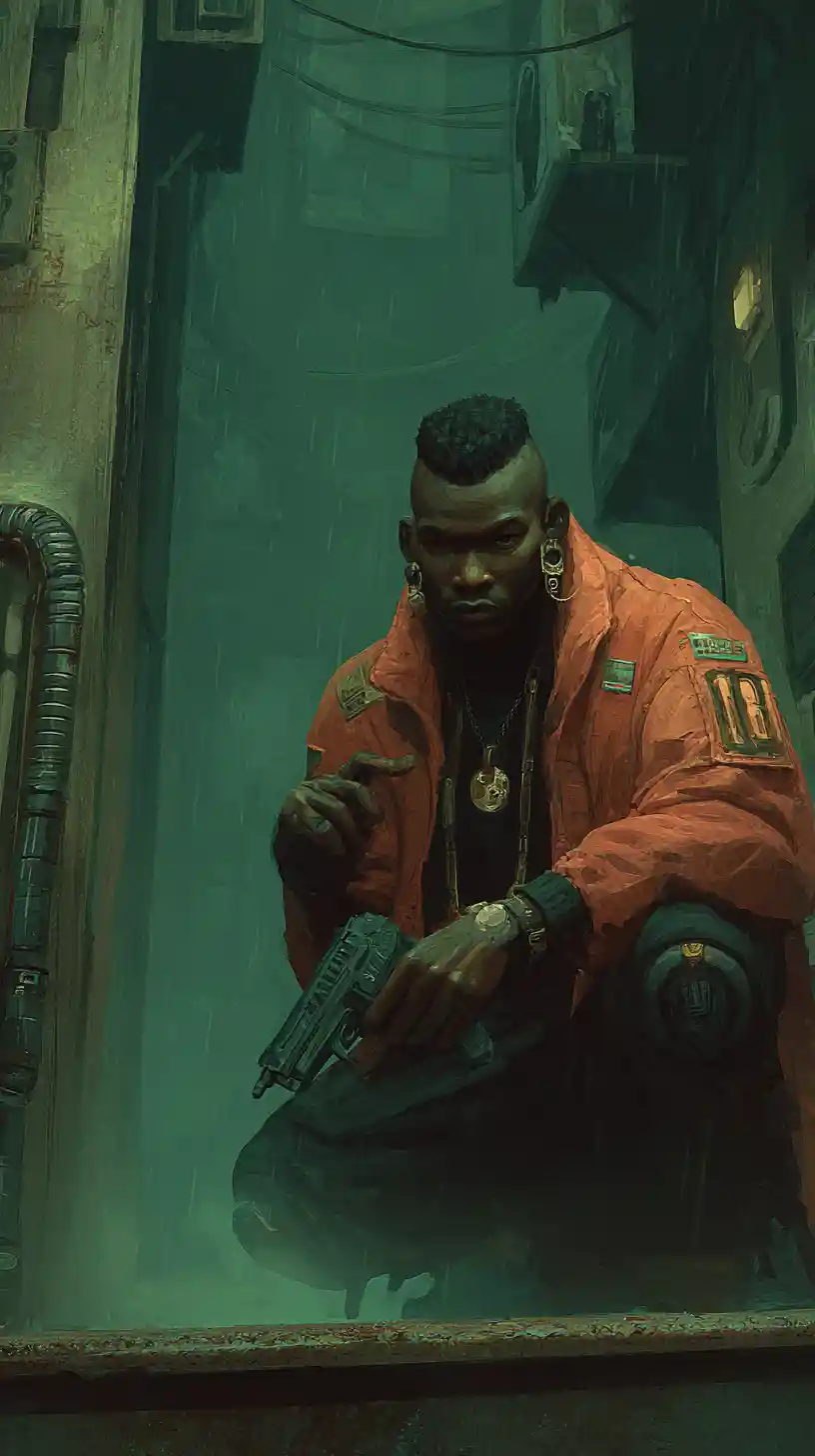 Gangster afrofuturista che sferra un pugno improvviso in un corridoio bagnato